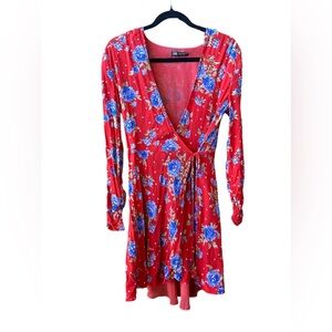 Zara pattern red and blue mini wrap dress floral print, size L, fits like a M/L